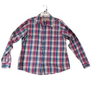 Wrancher by Wrangler Pearl Snap Shirt Women's XXL Pink Blue Gold Plaid Long Slv